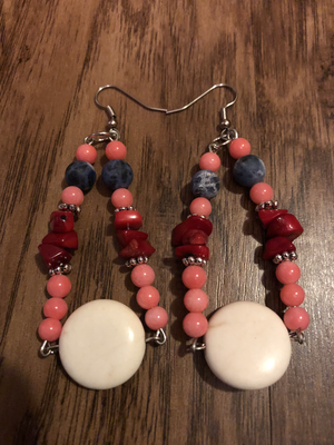 Goddess Earrings: Howlite,Pink Coral, Red Coral & Sodalite