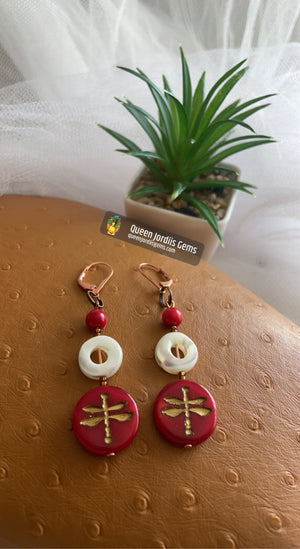 Mother of Pearl & Red Coral Dragonfly Earrings