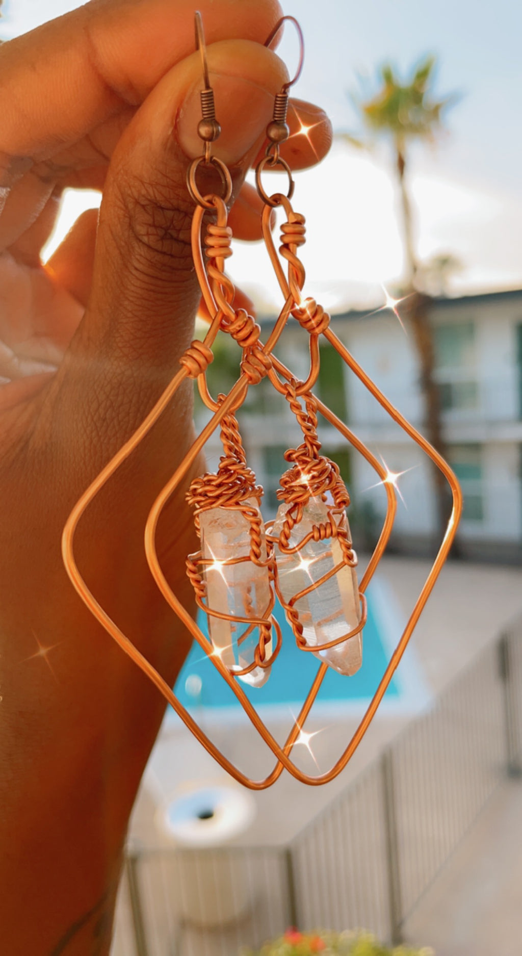 Clear Quartz & Copper Diamond Shaped Earrings